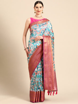 Turquoise Pure Silk Digital Print Floral Saree with Unstitched Blouse - Hiral Fashion - Distacart