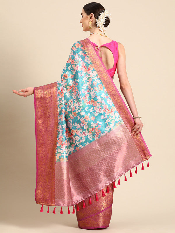 Turquoise Pure Silk Digital Print Floral Saree with Unstitched Blouse - Hiral Fashion - Distacart