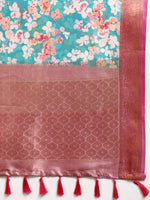 Thumbnail for Turquoise Pure Silk Digital Print Floral Saree with Unstitched Blouse - Hiral Fashion - Distacart