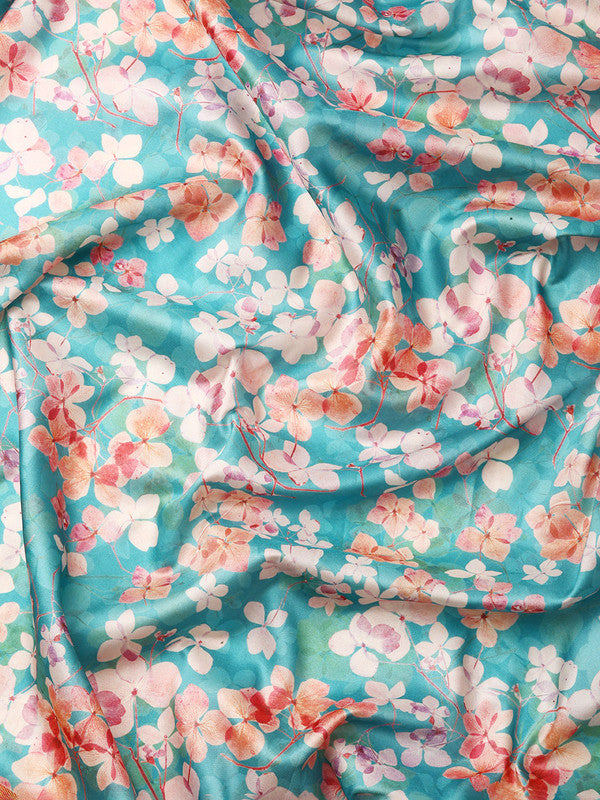 Turquoise Pure Silk Digital Print Floral Saree with Unstitched Blouse - Hiral Fashion - Distacart