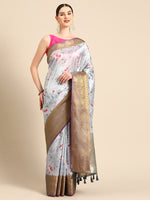 Thumbnail for Gray Pure Silk Digital Print Floral Saree with Unstitched Blouse - Hiral Fashion - Distacart