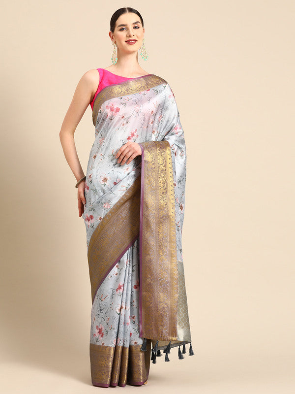 Gray Pure Silk Digital Print Floral Saree with Unstitched Blouse - Hiral Fashion - Distacart