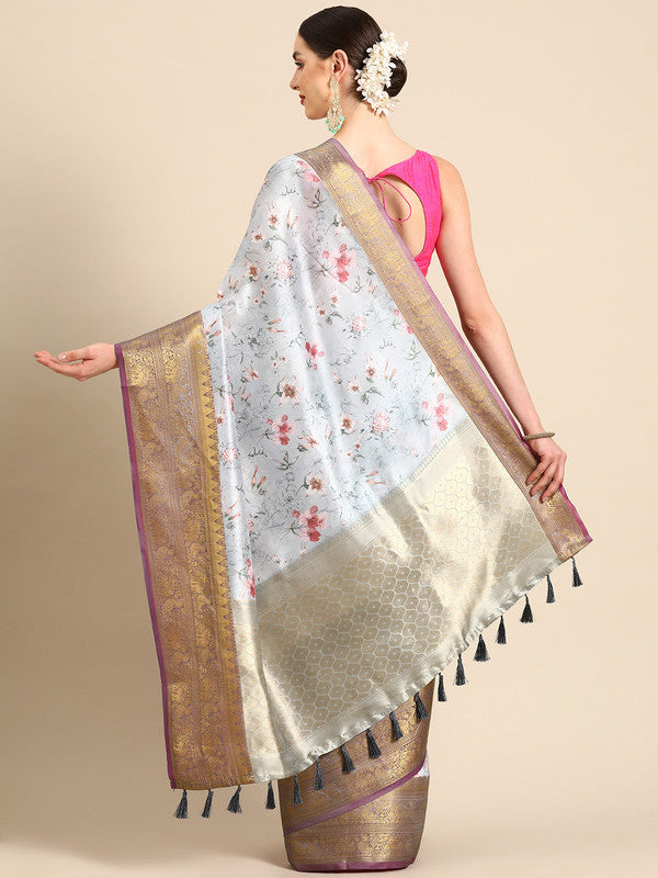 Gray Pure Silk Digital Print Floral Saree with Unstitched Blouse - Hiral Fashion - Distacart