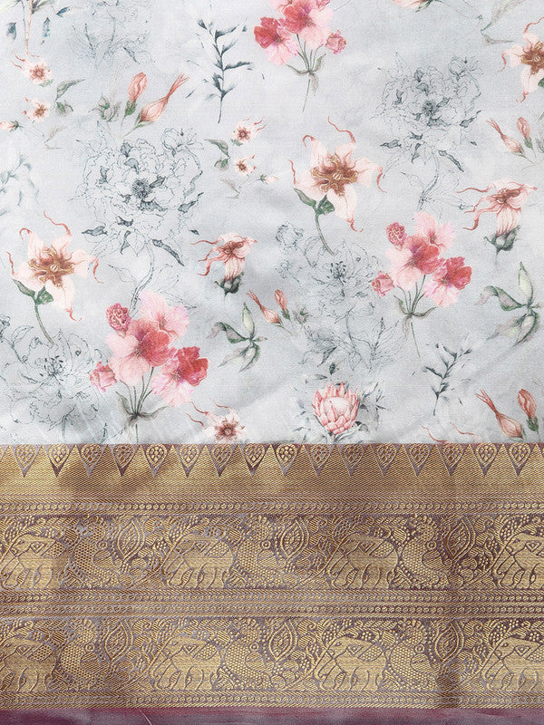 Gray Pure Silk Digital Print Floral Saree with Unstitched Blouse - Hiral Fashion - Distacart