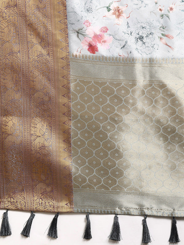 Gray Pure Silk Digital Print Floral Saree with Unstitched Blouse - Hiral Fashion - Distacart