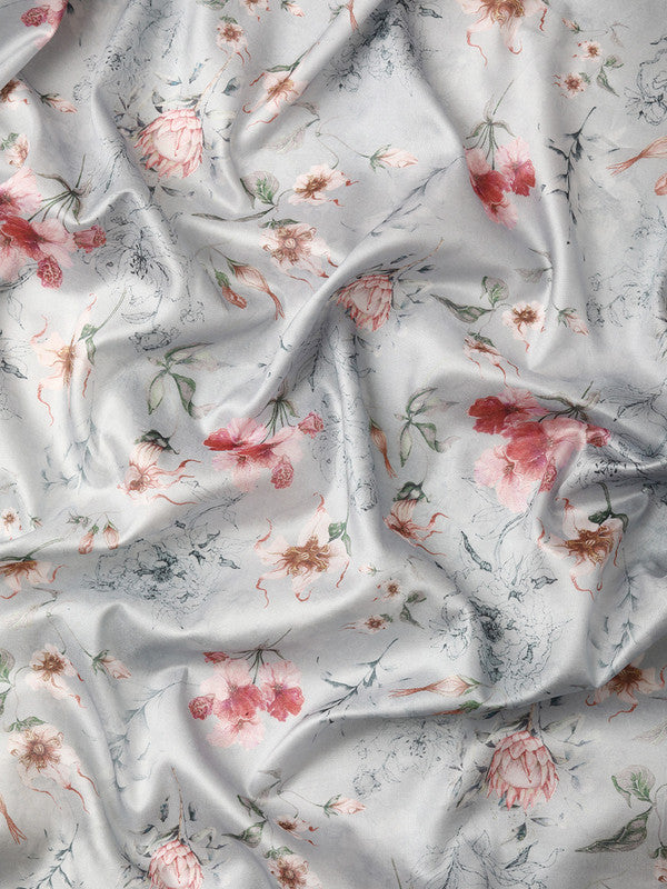 Gray Pure Silk Digital Print Floral Saree with Unstitched Blouse - Hiral Fashion - Distacart