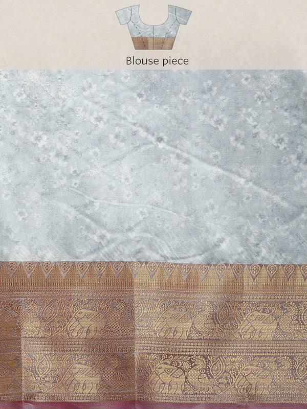 Gray Pure Silk Digital Print Floral Saree with Unstitched Blouse - Hiral Fashion - Distacart