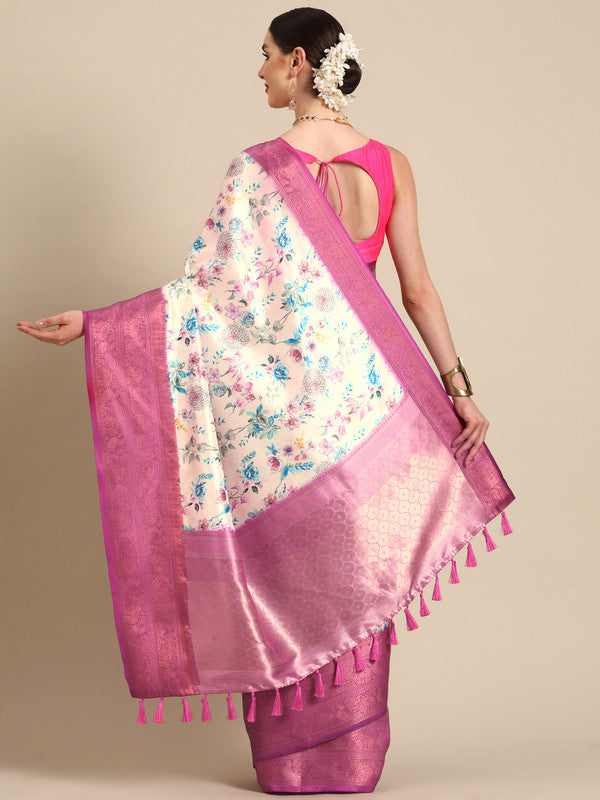 Off White Pure Silk Digital Print Floral Saree with Unstitched Blouse - Hiral Fashion - Distacart