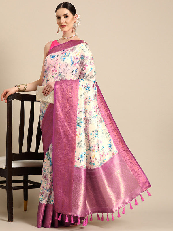 Off White Pure Silk Digital Print Floral Saree with Unstitched Blouse - Hiral Fashion - Distacart
