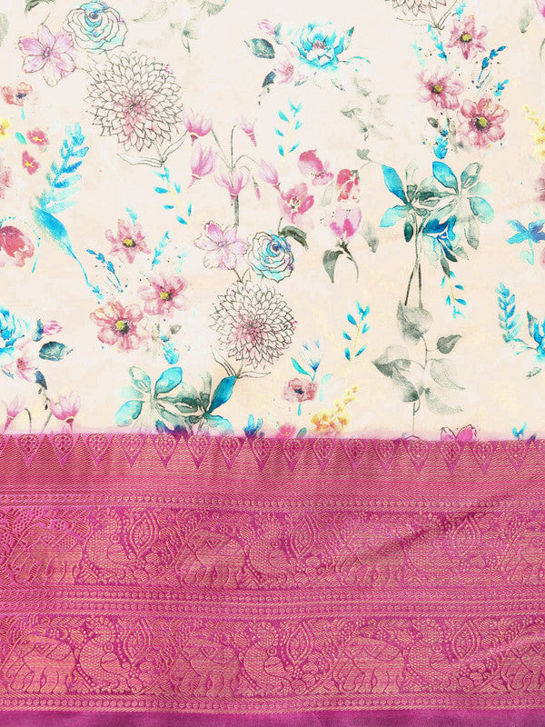 Off White Pure Silk Digital Print Floral Saree with Unstitched Blouse - Hiral Fashion - Distacart