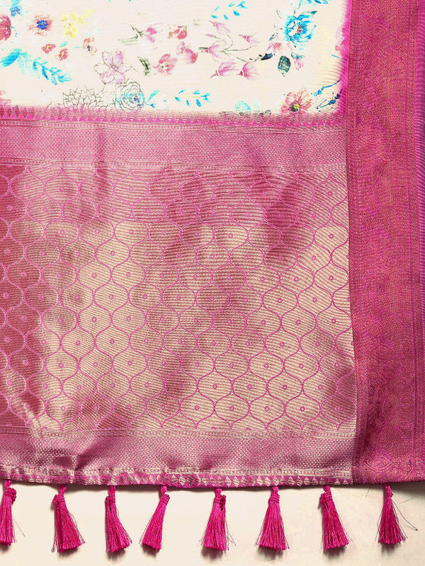 Off White Pure Silk Digital Print Floral Saree with Unstitched Blouse - Hiral Fashion - Distacart