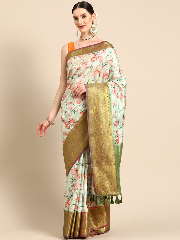 Green Pure Silk Digital Print Floral Saree with Unstitched Blouse - Hiral Fashion - Distacart
