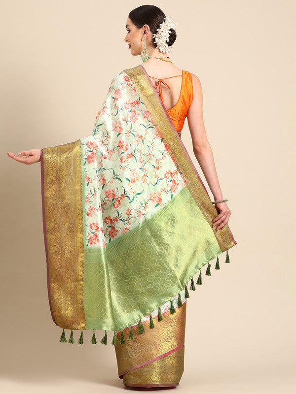 Green Pure Silk Digital Print Floral Saree with Unstitched Blouse - Hiral Fashion - Distacart