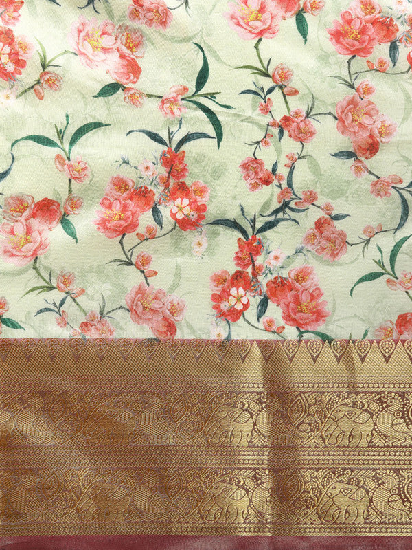 Green Pure Silk Digital Print Floral Saree with Unstitched Blouse - Hiral Fashion - Distacart
