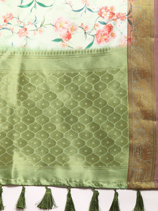 Green Pure Silk Digital Print Floral Saree with Unstitched Blouse - Hiral Fashion - Distacart