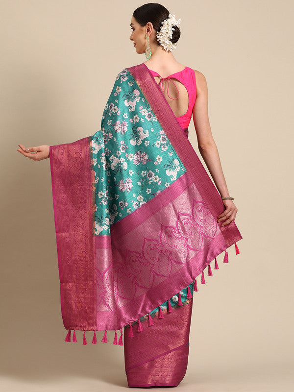 Turquoise Pure Silk Digital Print Floral Saree with Unstitched Blouse - Hiral Fashion - Distacart