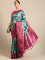 Thumbnail for Turquoise Pure Silk Digital Print Floral Saree with Unstitched Blouse - Hiral Fashion - Distacart