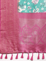 Thumbnail for Turquoise Pure Silk Digital Print Floral Saree with Unstitched Blouse - Hiral Fashion - Distacart