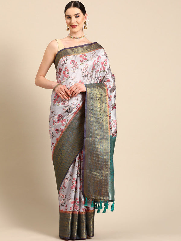 Gray Pure Silk Digital Print Floral Saree with Unstitched Blouse - Hiral Fashion - Distacart