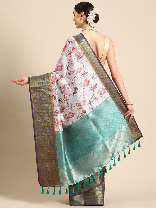 Gray Pure Silk Digital Print Floral Saree with Unstitched Blouse - Hiral Fashion - Distacart