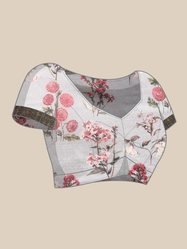 Gray Pure Silk Digital Print Floral Saree with Unstitched Blouse - Hiral Fashion - Distacart