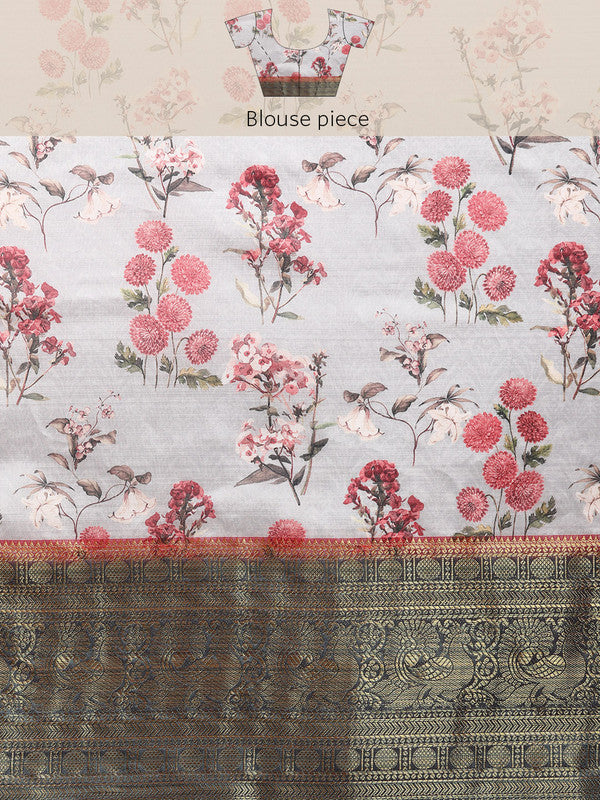 Gray Pure Silk Digital Print Floral Saree with Unstitched Blouse - Hiral Fashion - Distacart