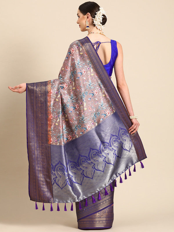 Brown Pure Silk Digital Print Floral Saree with Unstitched Blouse - Hiral Fashion - Distacart