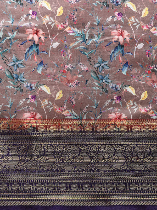Brown Pure Silk Digital Print Floral Saree with Unstitched Blouse - Hiral Fashion - Distacart