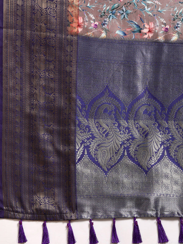 Brown Pure Silk Digital Print Floral Saree with Unstitched Blouse - Hiral Fashion - Distacart