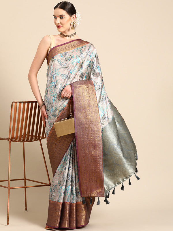 Multicolor Pure Silk Digital Print Floral Saree with Unstitched Blouse - Hiral Fashion - Distacart