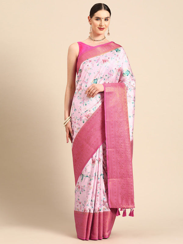 Pink Pure Silk Digital Print Floral Saree with Unstitched Blouse - Hiral Fashion - Distacart