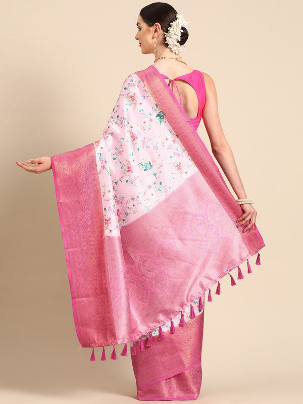 Pink Pure Silk Digital Print Floral Saree with Unstitched Blouse - Hiral Fashion - Distacart