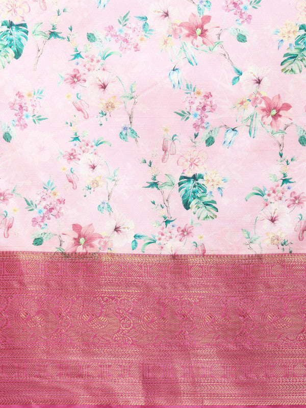 Pink Pure Silk Digital Print Floral Saree with Unstitched Blouse - Hiral Fashion - Distacart