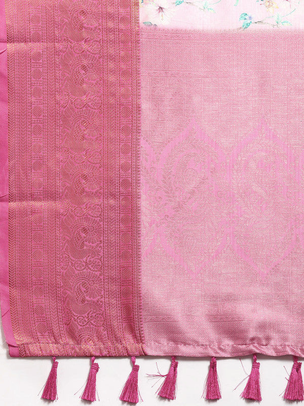 Pink Pure Silk Digital Print Floral Saree with Unstitched Blouse - Hiral Fashion - Distacart