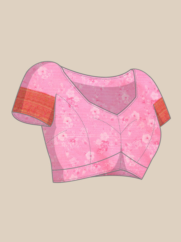 Pink Pure Silk Digital Print Floral Saree with Unstitched Blouse - Hiral Fashion - Distacart