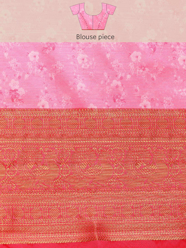 Pink Pure Silk Digital Print Floral Saree with Unstitched Blouse - Hiral Fashion - Distacart