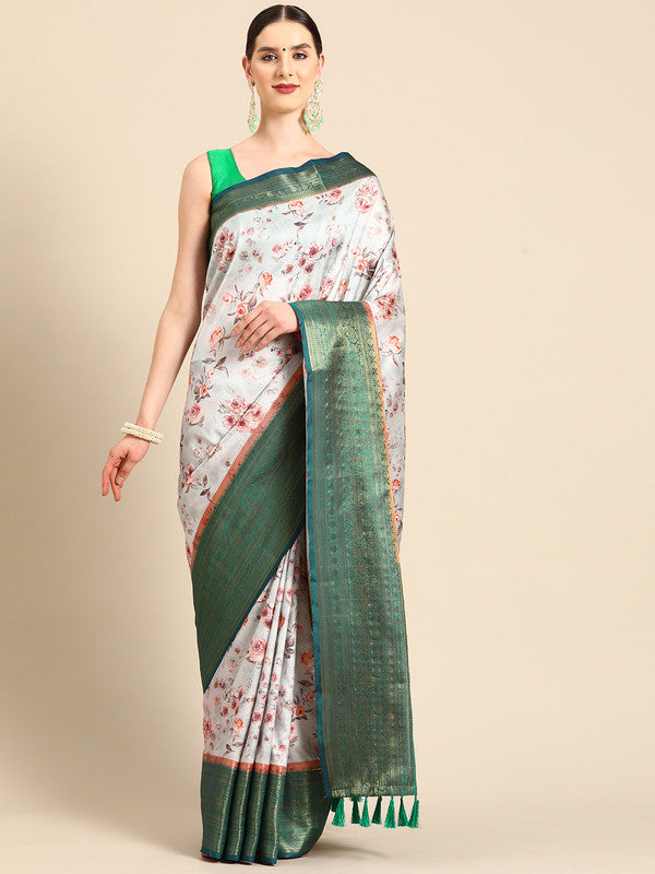 Gray Pure Silk Digital Print Floral Saree with Unstitched Blouse - Hiral Fashion - Distacart