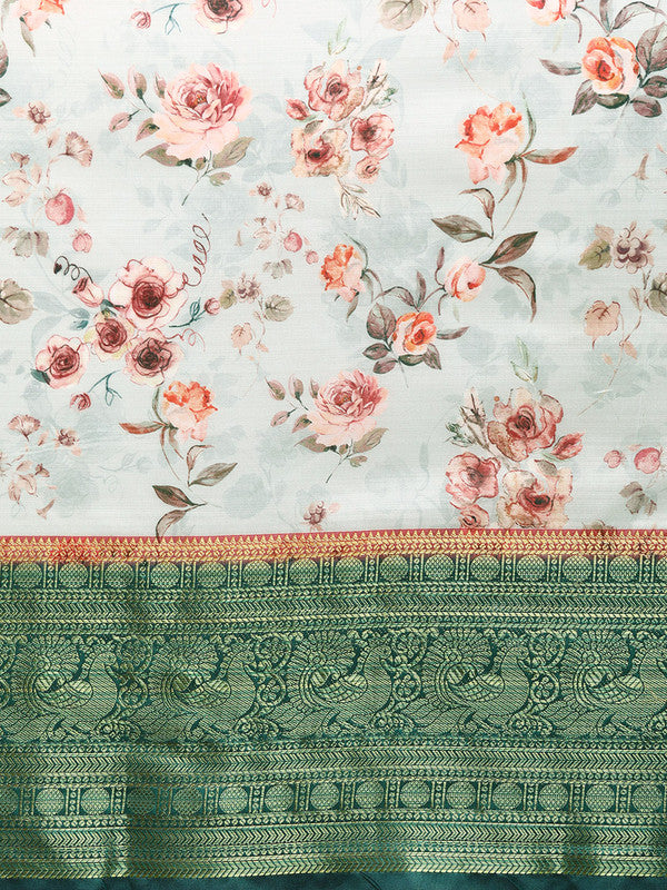 Gray Pure Silk Digital Print Floral Saree with Unstitched Blouse - Hiral Fashion - Distacart