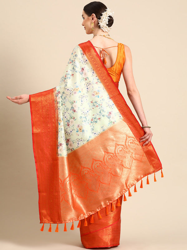Green Pure Silk Digital Print Floral Saree with Unstitched Blouse - Hiral Fashion - Distacart