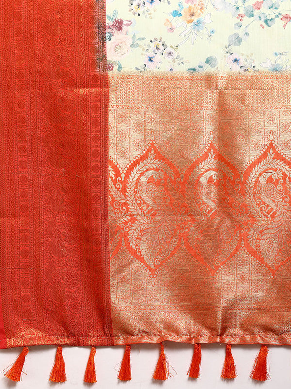 Green Pure Silk Digital Print Floral Saree with Unstitched Blouse - Hiral Fashion - Distacart