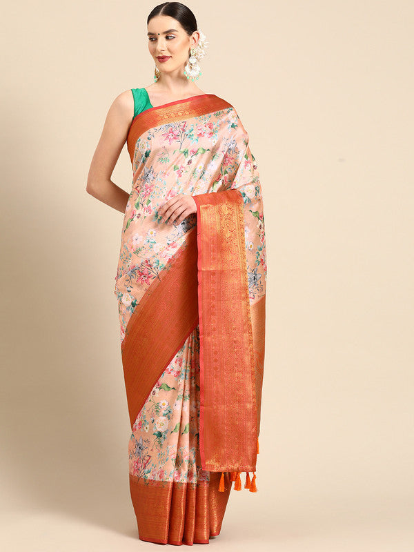 Peach Pure Silk Digital Print Floral Saree with Unstitched Blouse - Hiral Fashion - Distacart