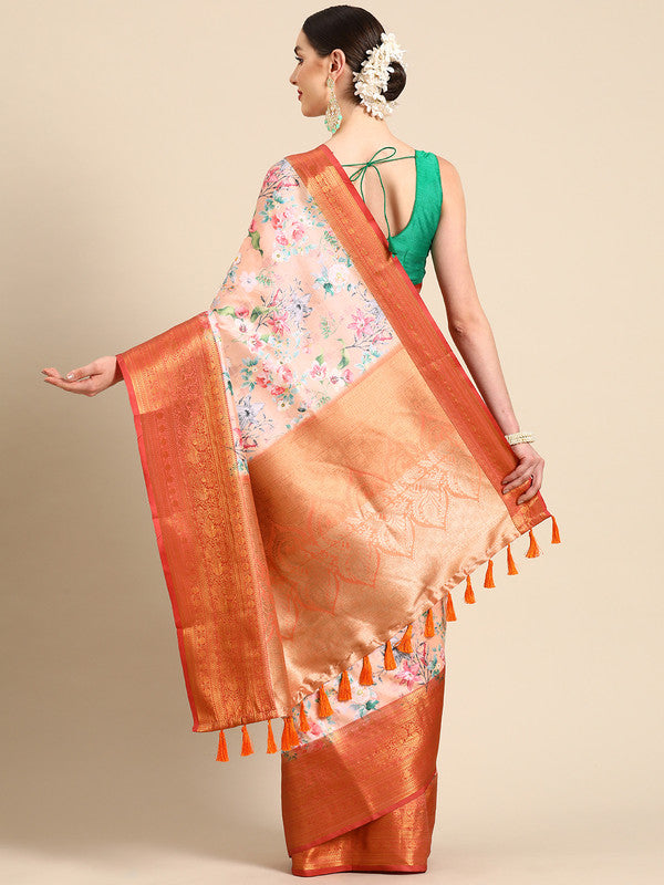 Peach Pure Silk Digital Print Floral Saree with Unstitched Blouse - Hiral Fashion - Distacart
