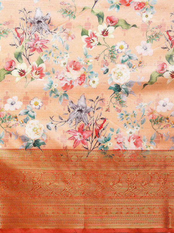 Peach Pure Silk Digital Print Floral Saree with Unstitched Blouse - Hiral Fashion - Distacart