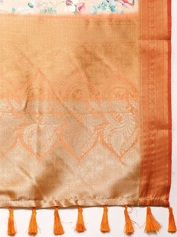 Peach Pure Silk Digital Print Floral Saree with Unstitched Blouse - Hiral Fashion - Distacart