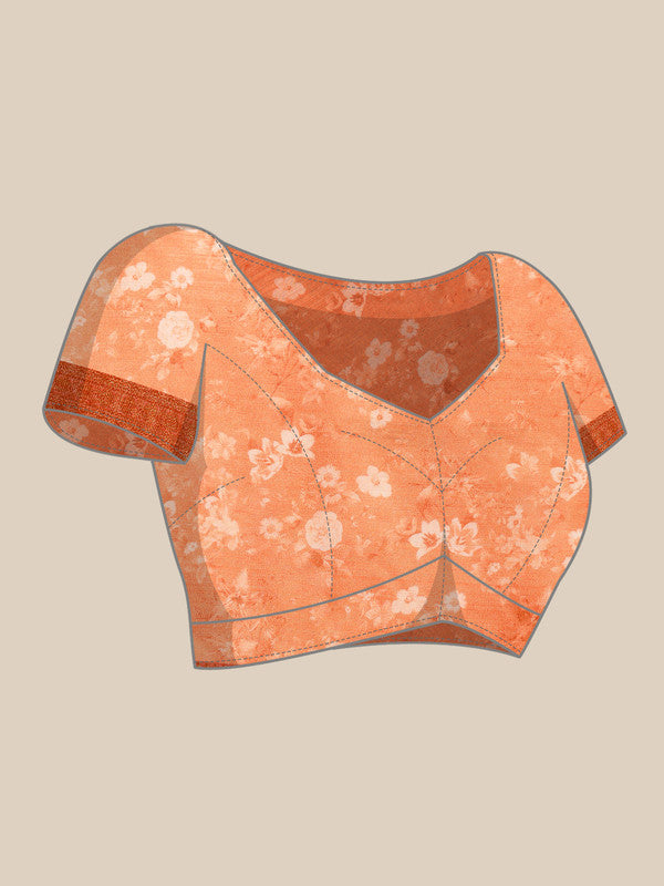 Peach Pure Silk Digital Print Floral Saree with Unstitched Blouse - Hiral Fashion - Distacart