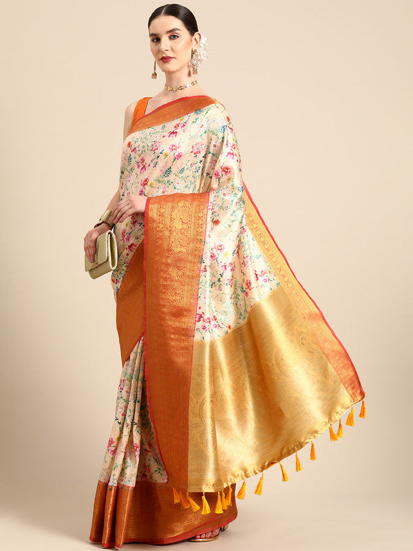 Multicolor Pure Silk Digital Print Floral Saree with Unstitched Blouse - Hiral Fashion - Distacart