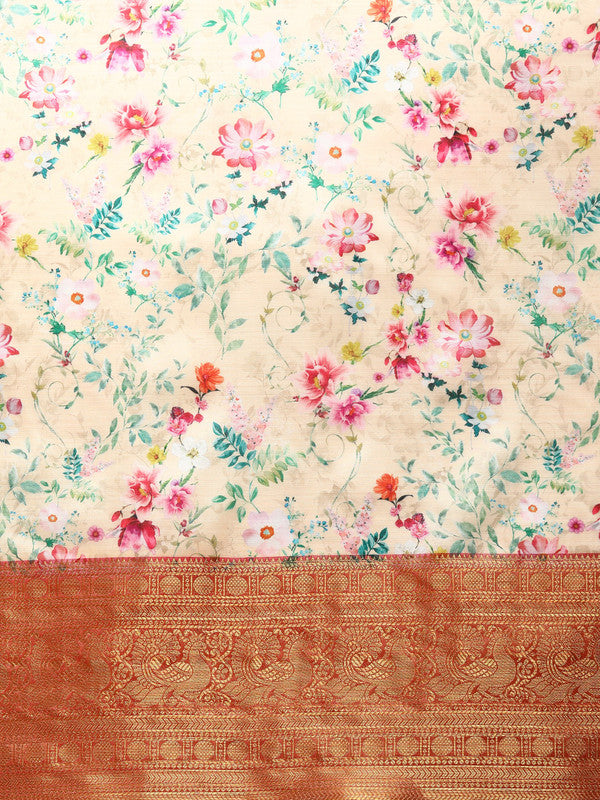 Multicolor Pure Silk Digital Print Floral Saree with Unstitched Blouse - Hiral Fashion - Distacart