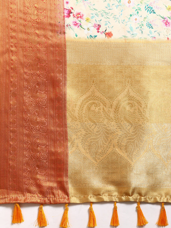 Multicolor Pure Silk Digital Print Floral Saree with Unstitched Blouse - Hiral Fashion - Distacart