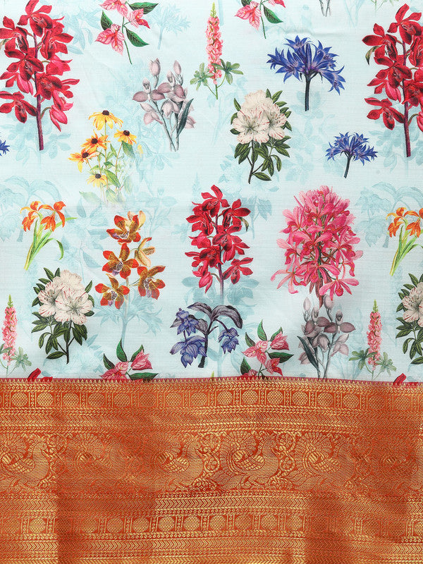 Sky Blue Pure Silk Digital Print Floral Saree with Unstitched Blouse - Hiral Fashion - Distacart