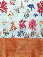 Thumbnail for Sky Blue Pure Silk Digital Print Floral Saree with Unstitched Blouse - Hiral Fashion - Distacart